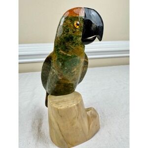Vintage Carved Green Calcite Stone Parrot Figurine Tropical Bird Sculpture